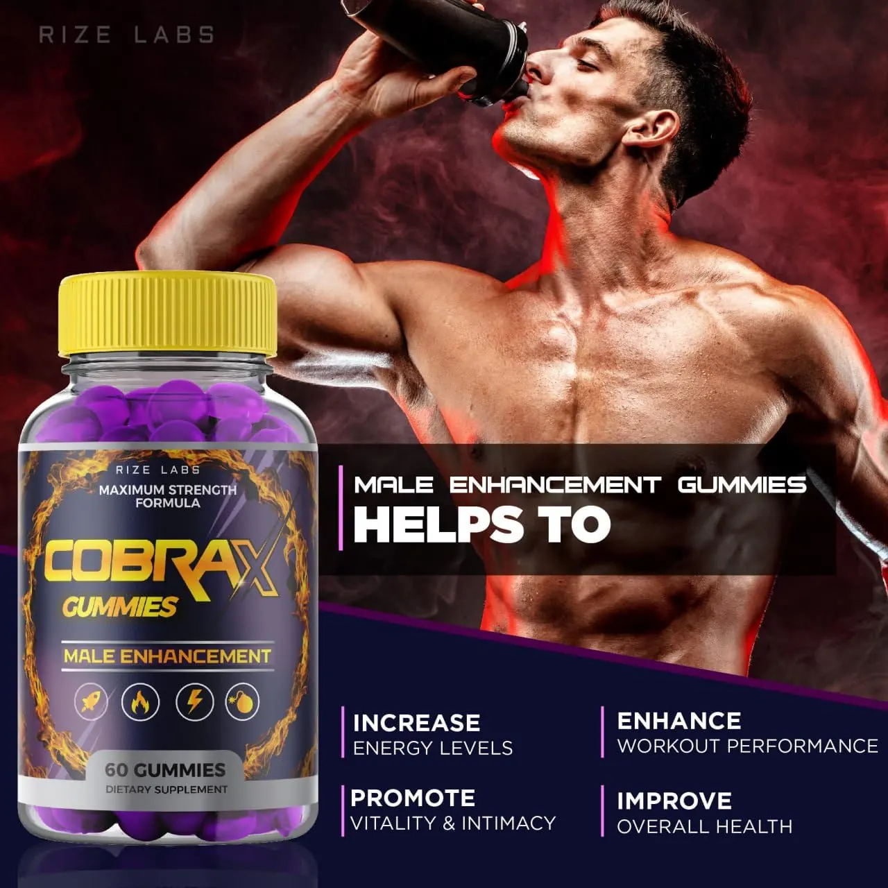 CobraX Male male-enhancement gummies designed to help increase energy, support workouts, promote vitality and overall wellbeing