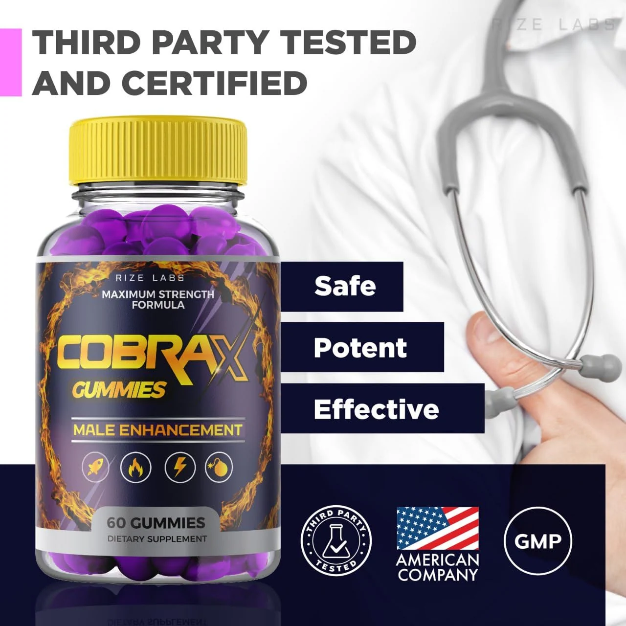 CobraX Male gummies shown as third-party tested and certified, made by an American company in a GMP facility