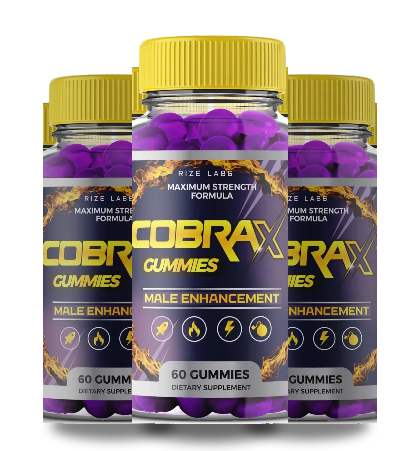 CobraX Male gummies bottles showing the Supplement Facts panel and 60-gummy count